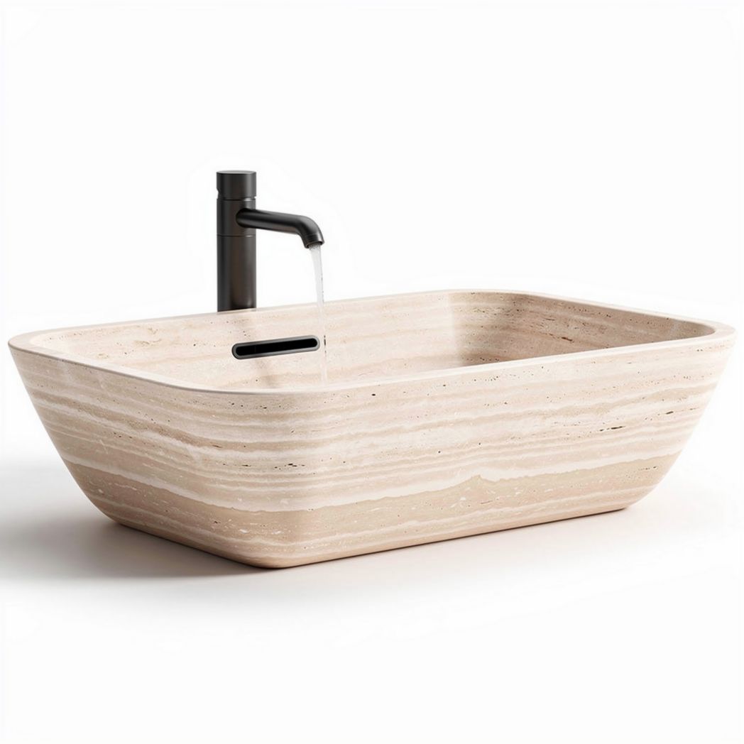 Lavabo in marmo travertino effetto naturale 50 x 30 x 15cm con rubinetto integrato