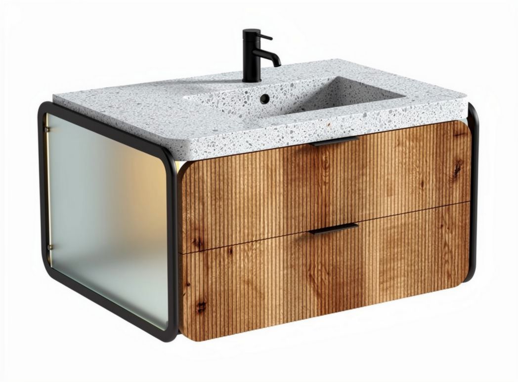 Mobile da bagno in legno con lavabo in marmo e finitura nera 80 x 50 x 30cm